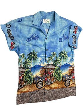 Men's Vintage Blue Hawaiian Motorcycle Button Down Tee Shirt, Small